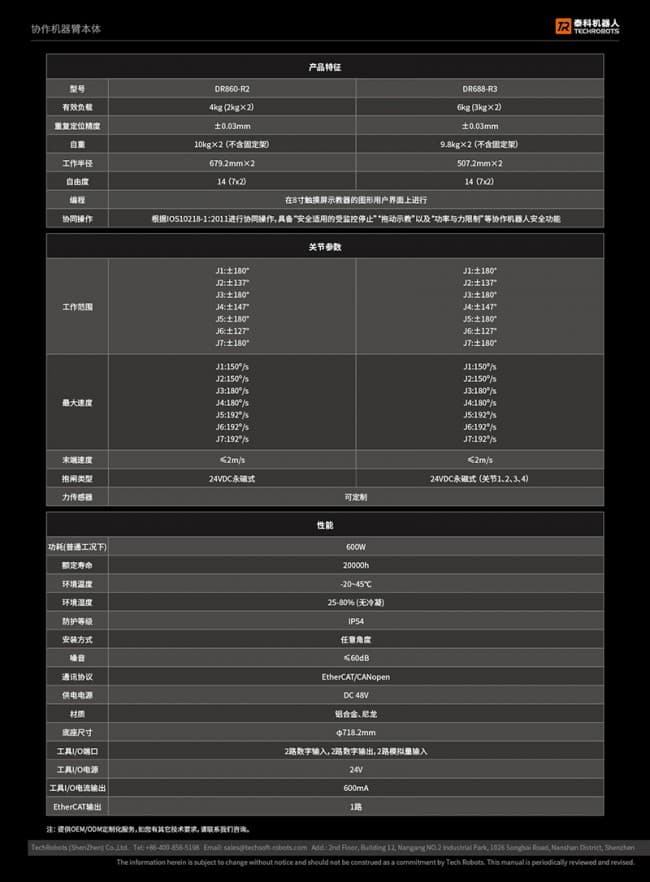 雙臂機器人選型參數